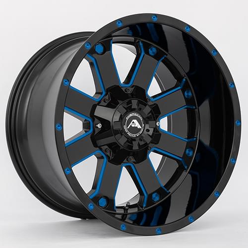 American Offroad A108 Gloss Black W/ Blue Milled Spokes - Part Number A10820A0xxx-24BMI-527Blue American Offroad A108 Gloss Black W/ Blue Milled Spokes Photo
