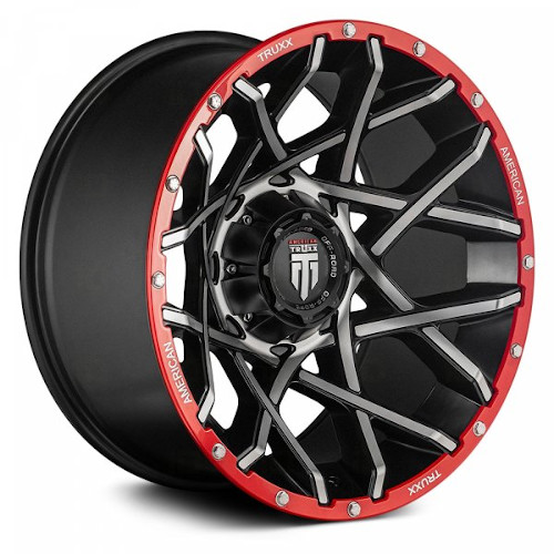American Truxx Gridlock AT1901 Black W/ Machined Face W/ Red Lip - Part Number AT1901-2270BML-44 American Truxx Gridlock AT1901 Black W/ Machined Face W/ Red Lip Photo