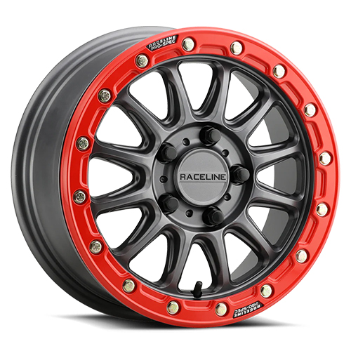 Raceline A14GR Alpha Gunmetal W/ Gloss Red Beadlock Ring - Part Number A14GR-57012+53 Raceline A14GR Alpha Gunmetal W/ Gloss Red Beadlock Ring Photo