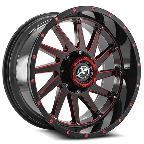 XF Offroad XF-216 Gloss Black Red Milled W/ Chrome Rivets and Red Dots - Part Number XF-216201081651180-12BMLRCR XF Offroad XF-216 Gloss Black Red Milled W/ Chrome Rivets and Red Dots Photo